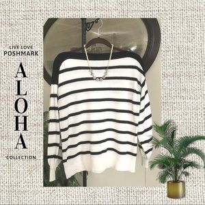 EUC LOFT Cozy B&W Striped Balloon Sleeve Sweater